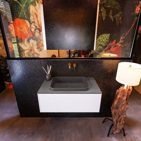 Mondiaz ERIN 80cm badmeubelset onderkast kleur Talc met 1 lade Wastafel RIDGE midden zonder kraangaten kleur Linen ERIN12245