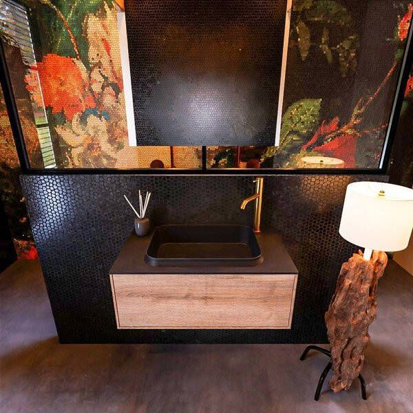 Mondiaz ERIN 80cm badmeubelset onderkast kleur Washed oak met 1 lade Wastafel RIDGE midden 1 kraangat kleur Urban ERIN11430