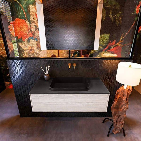 Mondiaz Badkamermeubelset Erin 100 cm met 1 Lade met RIDGE Wastafel Midden Urban Zonder Kraangaten Greeploos Mat Light Brown Grey