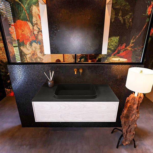 Mondiaz Badkamermeubelset Erin 100 cm met 1 Lade met RIDGE Wastafel Midden Urban Zonder Kraangaten Greeploos Mat Underlayment