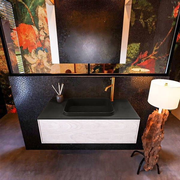 Mondiaz Badkamermeubelset Erin 100 cm met 1 Lade met RIDGE Wastafel Midden Urban met 1 kraangat Greeploos Mat Underlayment