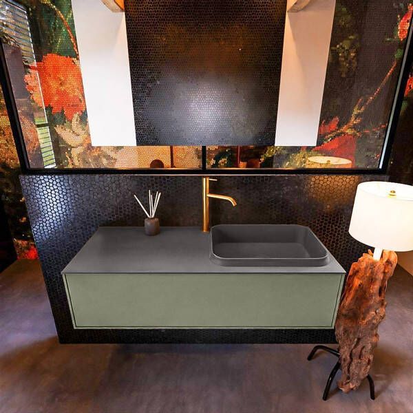 Mondiaz Badkamermeubelset Erin 120 cm met 1 Lade met RIDGE Wastafel Rechts Dark grey met 1 kraangat Greeploos Mat Army