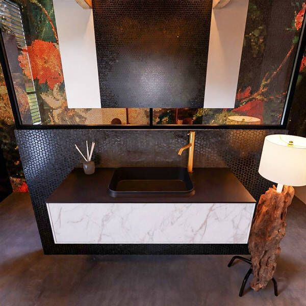 Mondiaz Badkamermeubelset Erin 120 cm met 1 Lade met RIDGE Wastafel Midden Urban met 1 kraangat Greeploos Mat Carrara