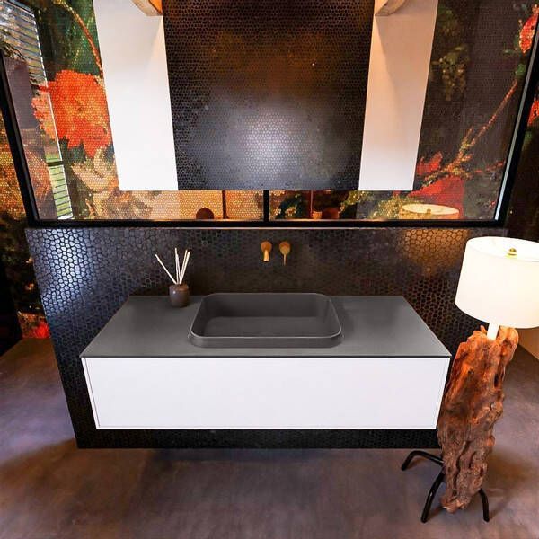 Mondiaz Badkamermeubelset Erin 120 cm met 1 Lade met RIDGE Wastafel Midden Dark grey Zonder Kraangaten Greeploos Mat Talc