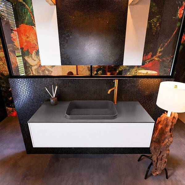 Mondiaz Badkamermeubelset Erin 120 cm met 1 Lade met RIDGE Wastafel Midden Dark grey met 1 kraangat Greeploos Mat Talc