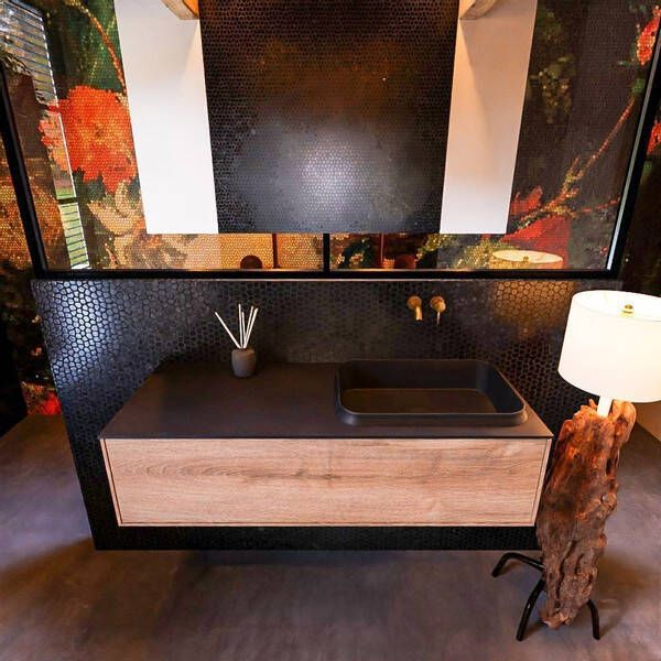 Mondiaz Badkamermeubelset Erin 120 cm met 1 Lade met RIDGE Wastafel Rechts Urban Zonder Kraangaten Greeploos Mat Washed Oak