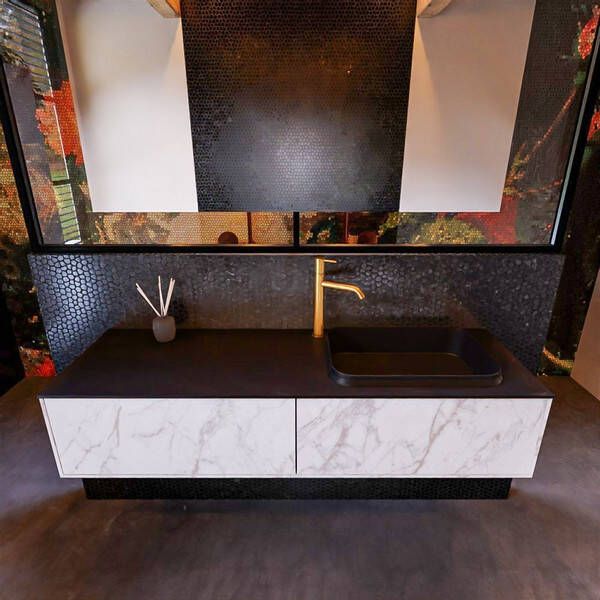 Mondiaz Badkamermeubelset Erin 150 cm met 2 Lades met RIDGE Wastafel Rechts Urban met 1 kraangat Greeploos Mat Carrara