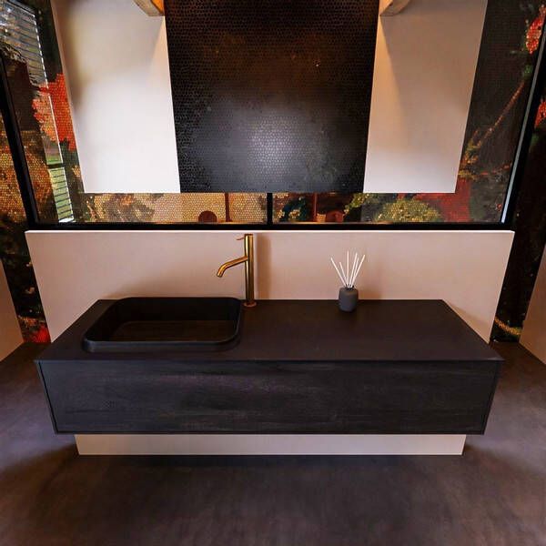 Mondiaz Badkamermeubelset Erin 150 cm met 1 Lade met RIDGE Wastafel Links Urban met 1 kraangat Greeploos Mat Dark Brown