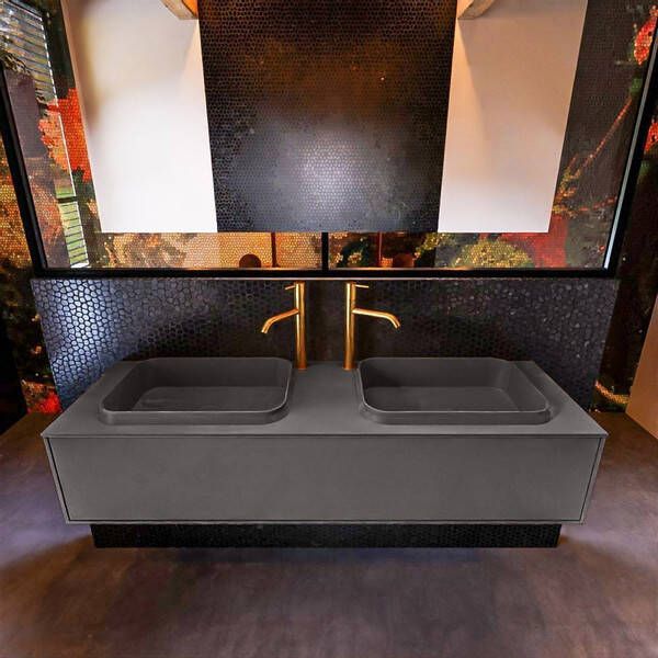 Mondiaz Badkamermeubelset Erin 150 cm met 1 Lade met RIDGE Wastafel Dubbel Dark grey met 2 kraangaten Greeploos Mat Dark Grey