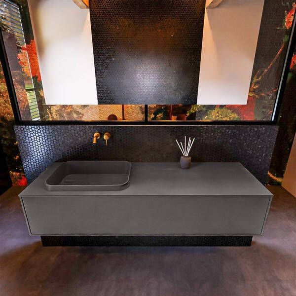 Mondiaz Badkamermeubelset Erin 150 cm met 1 Lade met RIDGE Wastafel Links Dark grey Zonder Kraangaten Greeploos Mat Dark Grey
