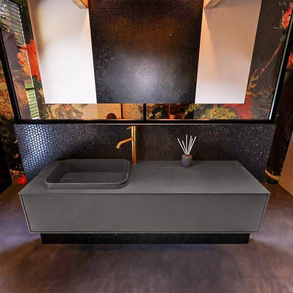 Mondiaz Badkamermeubelset Erin 150 cm met 1 Lade met RIDGE Wastafel Links Dark grey met 1 kraangat Greeploos Mat Dark Grey