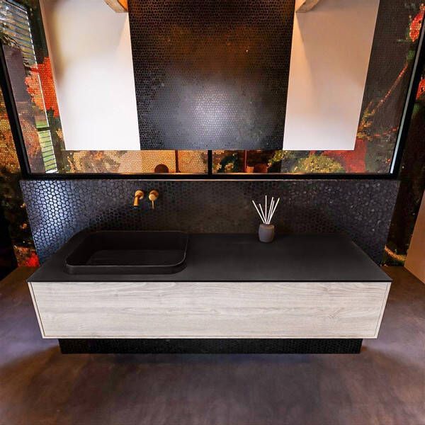 Mondiaz Badkamermeubelset Erin 150 cm met 1 Lade met RIDGE Wastafel Links Urban Zonder Kraangaten Greeploos Mat Light Brown Grey