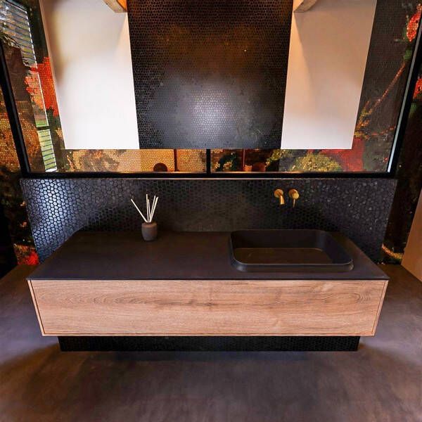 Mondiaz Badkamermeubelset Erin 150 cm met 1 Lade met RIDGE Wastafel Rechts Urban Zonder Kraangaten Greeploos Mat Washed Oak