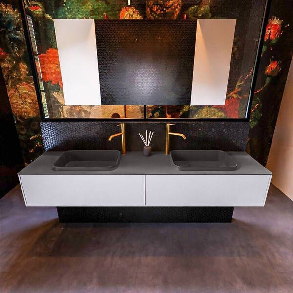 Mondiaz Badkamermeubelset Erin 200 cm met 2 Lades met RIDGE Wastafel Dubbel Dark grey met 2 kraangaten Greeploos Mat Cale