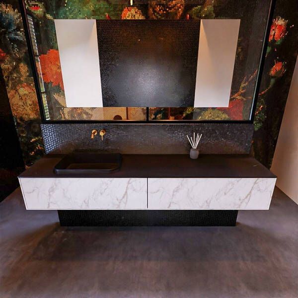 Mondiaz Badkamermeubelset Erin 200 cm met 2 Lades met RIDGE Wastafel Links Urban Zonder Kraangaten Greeploos Mat Carrara