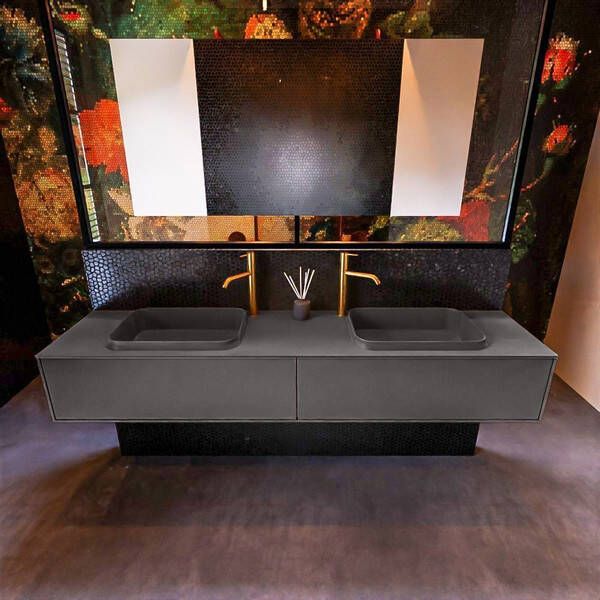 Mondiaz Badkamermeubelset Erin 200 cm met 2 Lades met RIDGE Wastafel Dubbel Dark grey met 2 kraangaten Greeploos Mat Dark Grey