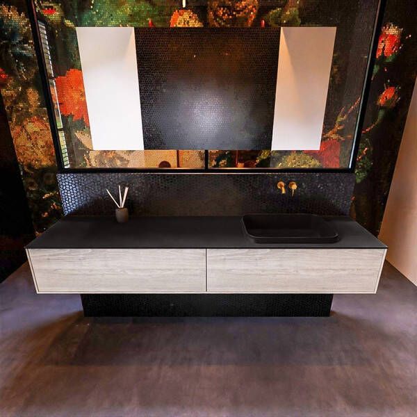 Mondiaz Badkamermeubelset Erin 200 cm met 2 Lades met RIDGE Wastafel Rechts Urban Zonder Kraangaten Greeploos Mat Light Brown Grey