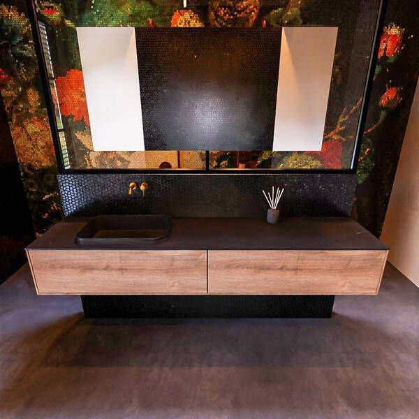 Mondiaz Badkamermeubelset Erin 200 cm met 2 Lades met RIDGE Wastafel Links Urban Zonder Kraangaten Greeploos Mat Washed Oak