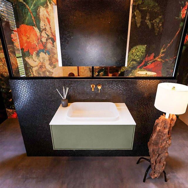 Mondiaz Badkamermeubelset Erin 80 cm met 1 Lade met RIDGE Wastafel Midden Talc Zonder Kraangaten Greeploos Mat Army