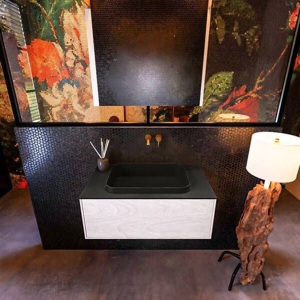 Mondiaz Badkamermeubelset Erin 80 cm met 1 Lade met RIDGE Wastafel Midden Urban Zonder Kraangaten Greeploos Mat Underlayment