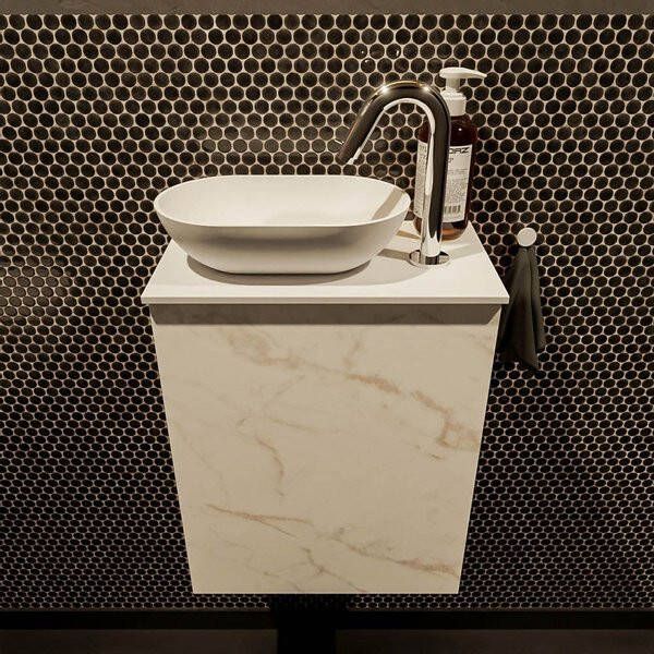 Mondiaz Fowy toiletmeubel 40x50x23cm Carrara mat 1 kraangat wasbak: links 1 deur solid surface met blad Melamine kleur wasbak: Wit Zwart FOWY59001Carraratalc