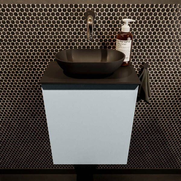 Mondiaz Fowy toiletmeubel 40x50x23cm clay mat 0 kraangaten wasbak: midden 1 deur solid surface met blad MDF kleur wasbak: Bruin Wit FOWY59003clayclay