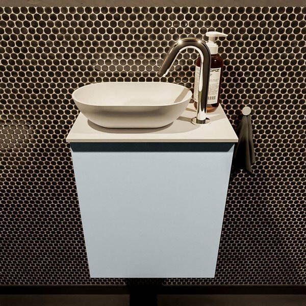 Mondiaz Fowy toiletmeubel 40x50x23cm clay mat 1 kraangat wasbak: links 1 deur solid surface met blad MDF kleur wasbak: Bruin Wit FOWY59001clayclay