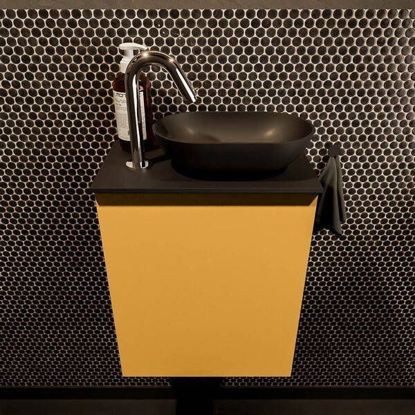 Mondiaz Fowy toiletmeubel 40x50x23cm ocher mat 1 kraangat wasbak: rechts 1 deur solid surface met blad MDF kleur wasbak: wit FOWY59002ochertalc