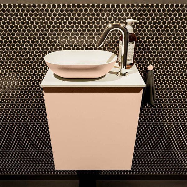 Mondiaz Fowy toiletmeubel 40x50x23cm rosee mat 1 kraangat wasbak: links 1 deur solid surface met blad MDF kleur wasbak: Roze Wit FOWY59001roseerosee