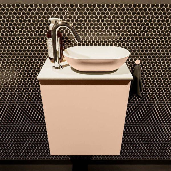 Mondiaz Fowy toiletmeubel 40x50x23cm rosee mat 1 kraangat wasbak: rechts 1 deur solid surface met blad MDF kleur wasbak: Roze Wit FOWY59002roseerosee