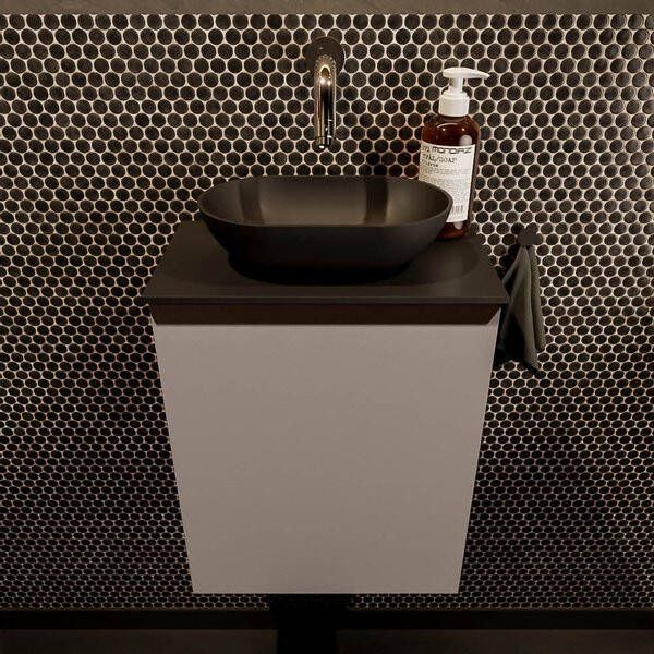 Mondiaz Fowy toiletmeubel 40x50x23cm smoke mat 0 kraangaten wasbak: midden 1 deur solid surface met blad MDF kleur wasbak: Antraciet Wit FOWY59003smokesmoke