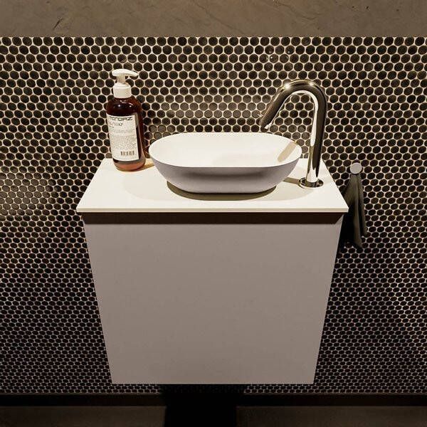 Mondiaz Fowy toiletmeubel 50x50x23cm smoke mat 1 kraangat wasbak: rechts 1 deur solid surface met blad MDF kleur wasbak: wit FOWY59005smoketalc