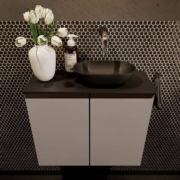 Mondiaz Fowy toiletmeubel 60x50x23cm smoke mat 0 kraangaten wasbak: rechts 2 deuren solid surface met blad MDF kleur wasbak: wit FOWY59012smoketalc