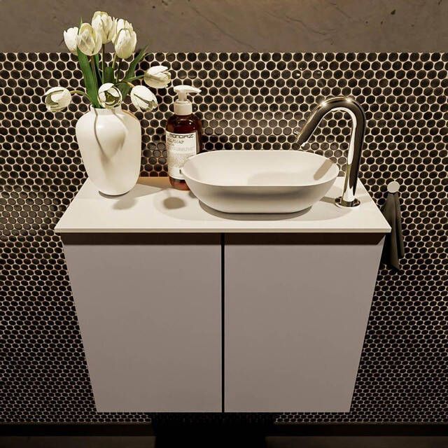 Mondiaz Fowy Toiletmeubel 60x50x23cm smoke mat 1 kraangat wasbak rechts 2 deuren solid surface blad MDF wasbak: wit FOWY59009smoketalc