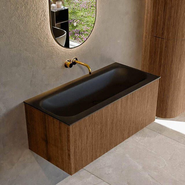 Mondiaz KURVE 100 cm Onderkast Greeploos 1 Lade Zonder Deuren Walnut Wastafel Solid Surface Volledig Urban 0 Kraangaten Zonder Spiegel (KRVBGM1001L0D0KM-Wal Urb)