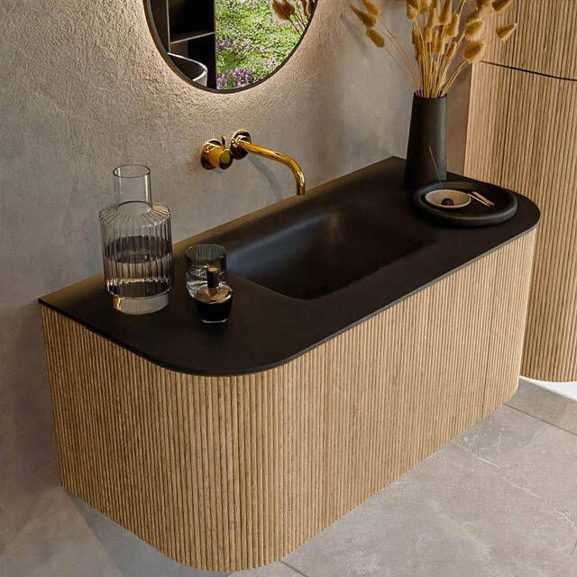 Mondiaz KURVE 100cm badmeubel met module 25 Len R kleur Oak met 1 lade en 2 deuren. Wastafel GRUNNE midden zonder kraangat Urban. KRVGRU100L+R1L2D0KM-Oak Urb