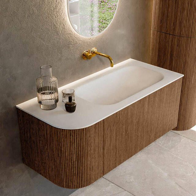 Mondiaz KURVE 105 cm Onderkast Greeploos 1 Lade Met Deuren Walnut Wastafel Solid Surface Rechts Talc 0 Kraangaten Zonder Spiegel (KRVBGS105L1L1D0KR-Wal Tal)