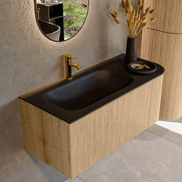 Mondiaz KURVE 105 cm Onderkast Greeploos 1 Lade Met Deuren Oak Wastafel Solid Surface Links Urban 1 Kraangat Zonder Spiegel (KRVBGS105R1L1D1KL-Oak Urb)