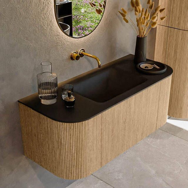 Mondiaz KURVE 110 cm Onderkast Greeploos 1 Lade Met Deuren Oak Wastafel Solid Surface Midden Urban 0 Kraangaten Zonder Spiegel (KRVCLO110L+R1L2D0KM-Oak Urb)