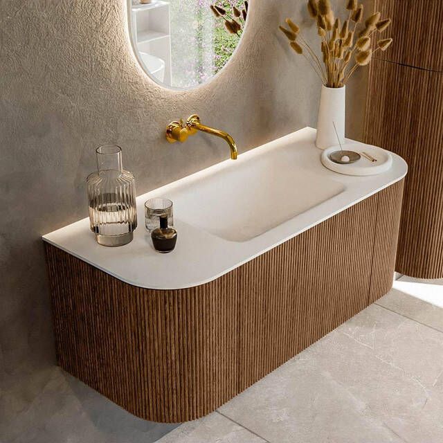 Mondiaz KURVE 110 cm Onderkast Greeploos 1 Lade Met Deuren Walnut Wastafel Solid Surface Midden Talc 0 Kraangaten Zonder Spiegel (KRVCLO110L+R1L2D0KM-Wal Tal)