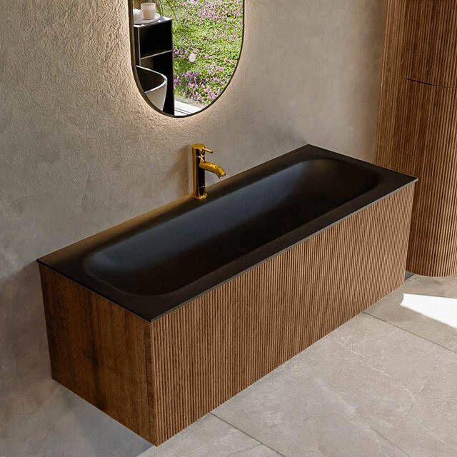 Mondiaz KURVE 120 cm Onderkast Greeploos 1 Lade Zonder Deuren Walnut Wastafel Solid Surface Volledig Urban 1 Kraangat Zonder Spiegel (KRVBGL1201L0D1KM-Wal Urb)