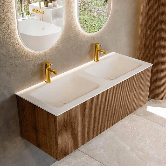 Mondiaz KURVE 120 cm Onderkast Greeploos 1 Lade Zonder Deuren Walnut Wastafel Solid Surface Dubbel Talc 2 Kraangaten Zonder Spiegel (KRVCLO1201L0D2KD-Wal Tal)