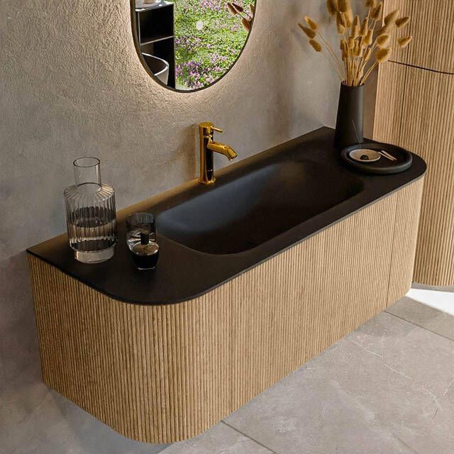 Mondiaz KURVE 120cm badmeubel met module 25 Len R kleur Oak met 1 lade en 2 deuren. Wastafel BIG SMALL midden 1 kraangat Urban. KRVBGS120L+R1L2D1KM-Oak Urb