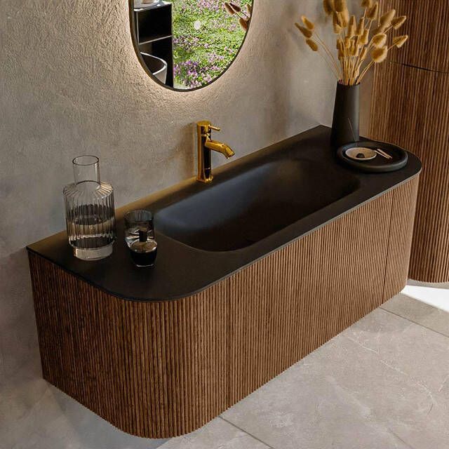 Mondiaz KURVE 120cm badmeubel met module 25 Len R kleur Walnut met 1 lade en 2 deuren. Wastafel BIG SMALL midden 1 kraangat Urban. KRVBGS120L+R1L2D1KM-Wal Urb