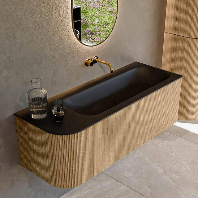 Mondiaz KURVE 125 cm Onderkast Greeploos 1 Lade Met Deuren Oak Wastafel Solid Surface Rechts Urban 0 Kraangaten Zonder Spiegel (KRVBGM125L1L1D0KR-Oak Urb)