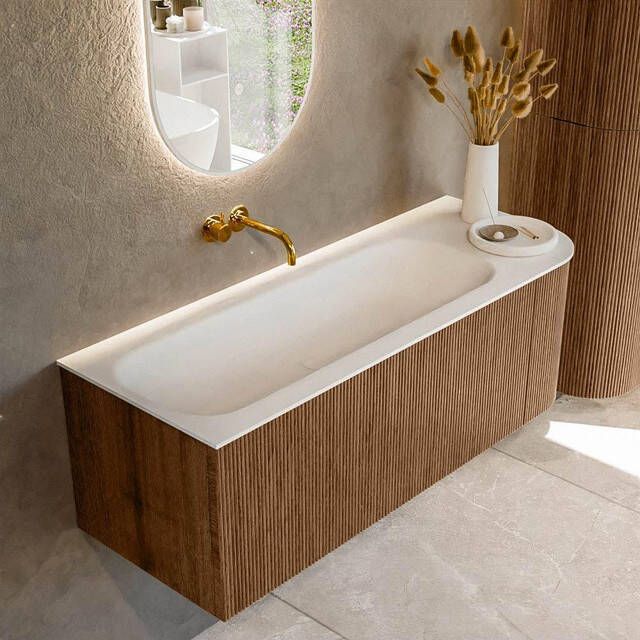 Mondiaz KURVE 125 cm Onderkast Greeploos 1 Lade Met Deuren Walnut Wastafel Solid Surface Links Talc 0 Kraangaten Zonder Spiegel (KRVBGM125R1L1D0KL-Wal Tal)