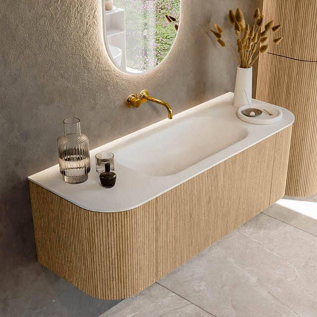 Mondiaz KURVE 130cm badmeubel met module 25 Len R kleur Oak met 1 lade en 2 deuren. Wastafel BIG SMALL midden zonder kraangat Talc. KRVBGS130L+R1L2D0KM-Oak Tal