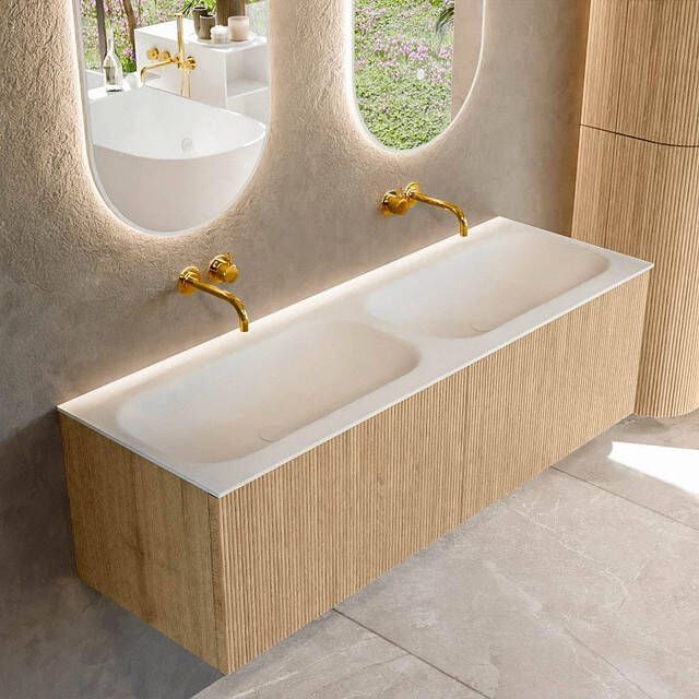 Mondiaz KURVE 140 cm Onderkast Greeploos 2 Lades Zonder Deuren Oak Wastafel Solid Surface Dubbel Talc 0 Kraangaten Zonder Spiegel (KRVBGS1402L0D0KD-Oak Tal)