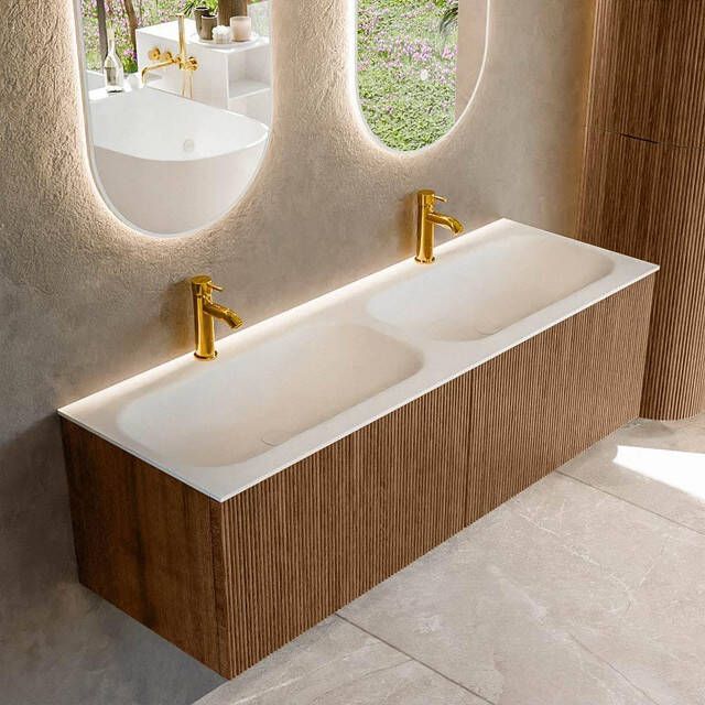 Mondiaz KURVE 140 cm Onderkast Greeploos 2 Lades Zonder Deuren Walnut Wastafel Solid Surface Dubbel Talc 2 Kraangaten Zonder Spiegel (KRVBGS1402L0D2KD-Wal Tal)