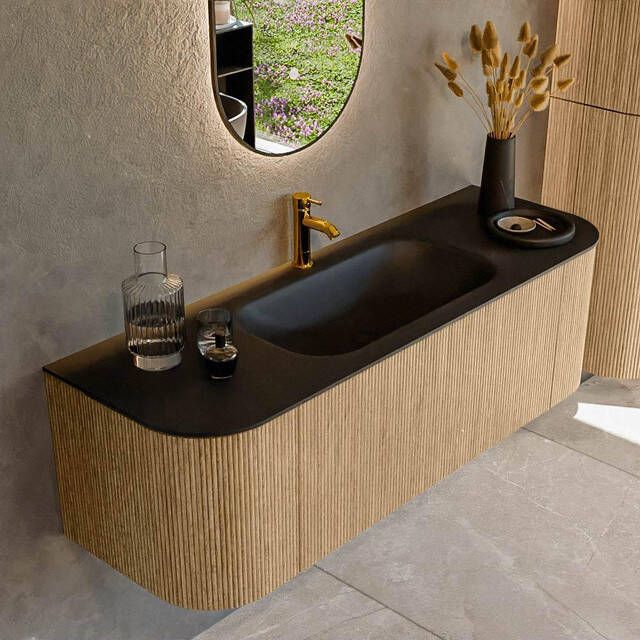 Mondiaz KURVE 140cm badmeubel met module 25 Len R kleur Oak met 1 lade en 2 deuren. Wastafel BIG SMALL midden 1 kraangat Urban. KRVBGS140L+R1L2D1KM-Oak Urb